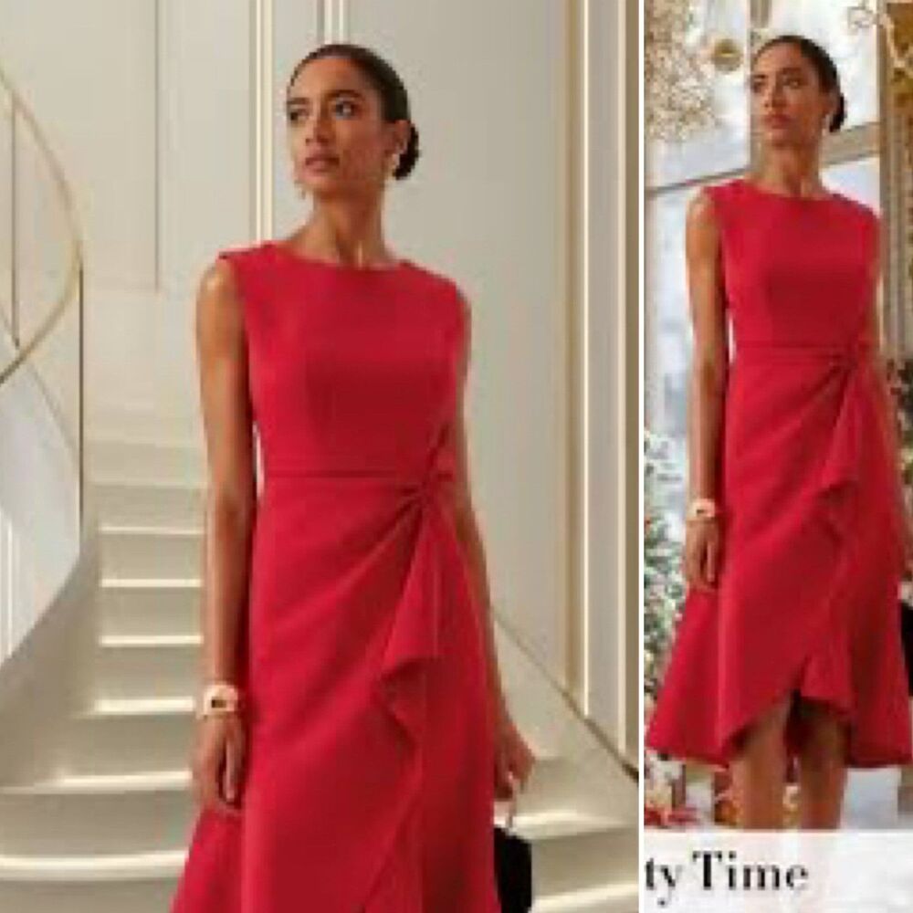 Fehaute Elegant Midi A-line Waist Twist Day To Night Dress Red S